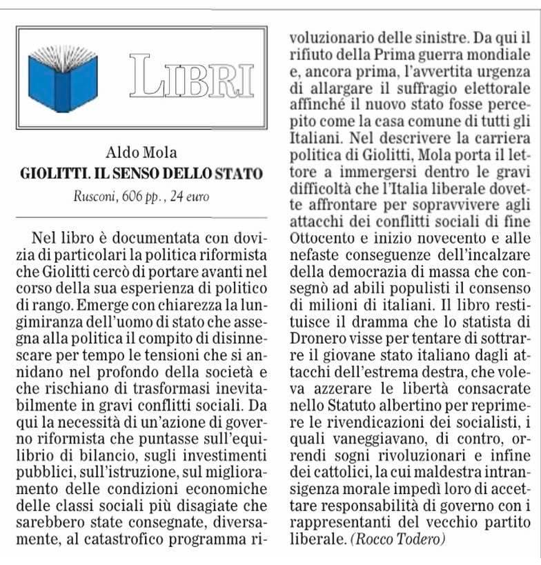 GIOLITTI. IL SENSO DELLO STATO di Aldo A. Mola Recensione di Rocco Todero, pubblicata su "Il Foglio" di venerd 12 febbraio 2021