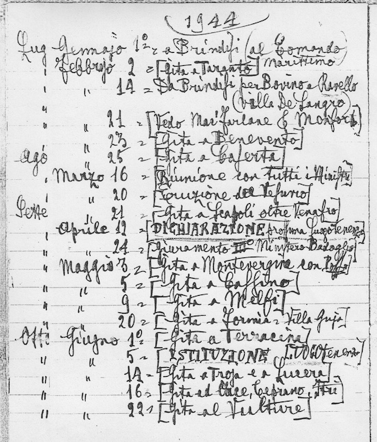DIDASCALIA:
                                                          La pagina
                                                          dell'Itinerario
                                                          generale dopo
                                                          il 1 giugno
                                                          1896,
                                                          manoscritto da
                                                          Vittorio
                                                          Emanuele III,
                                                          sul primo
                                                          semestre del
                                                          1944: appunti
                                                          scarni sui
                                                          fatti politici
                                                          pi rilevanti
                                                          (insediamento
                                                          del III
                                                          Governo
                                                          Badoglio e sui
                                                          continui
                                                          viaggi nelle
                                                          terre
                                                          restituite
                                                          all'amministrazione
                                                          del governo
                                                          italiano). V.
                                                          anche i
                                                          Verbali del
                                                          Consiglio dei
                                                          Ministri,
                                                          Luglio
                                                          1943-maggio
                                                          1948, I,
                                                          Governo
                                                          Badoglio, 25
                                                          luglio
                                                          1943-aprile
                                                          1944, a cura
                                                          di Aldo G.
                                                          Ricci,
                                                          Poligrafico
                                                          dello Stato,
                                                          Roma, 1994.
