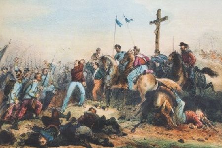 Giuseppe Garibaldi alla battaglia di Milazzo (20 luglio 1860), Acquerello di Gustavo Strafforello. Per Giuseppe Garibaldi l'Inghilterra fu modello ispiratore di una politica capace di conciliare Tradizione e Innovazione e per la formazione di un partito dello Stato aperto al dialogo con tutte le culture, all'insegna della pace universale nel progresso civile. Il 23 ottobre 1860 Garibaldi espresse al Consolato britannico a Napoli la riconoscenza per la potente e generosa simpatia degli inglesi per i tanti benefizi da loro ricevuti a favore della bella causa italiana e concesse il permesso d'un tempio sul territorio di questa capitale ad uomini che adorano lo stesso Dio degli italiani. Nel Regno delle Due Sicilie erano vietati i culti diversi dalla religione cattolica. 