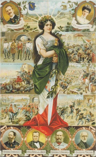 Emilio Colombo, Allegoria dell'Italia Turrita (1911). La nascita del  Regno d'Italia venne proclamata dal Parlamento il 14 marzo e divenne effettiva con la pubblicazione della legge nella Gazzetta Ufficiale il 17 seguente). La Nuova Italia entr nella Comunit internazionale degli Stati. Nel suo Cinquantenario essa fu celebrata come Unit degli italiani per opera di Vittorio Emanuele II, Cavour, Garibaldi e Mazzini nello Stato retto da Vittorio Emanuele III, affiancato dalla Consorte, la Regina Elena. Era l'unione dei popoli d'Italia, come disse il Padre della Patria nel suo primo discorso della Corona da sovrano del nuovo Stato.