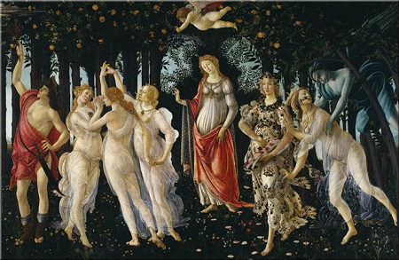 DIDASCALIA: Sandro Botticelli, La Primavera (Firenze, Museo degli Uffizi). Gli Acquariani non hanno inventato proprio nulla. Nel Rinascimento li anticip  Lorenzo il Magnifico (1449-1492) nel Trionfo di Bacco e Arianna: Quant' bella giovinezza/ che si fugge tuttavia!/ Chi vuol esser lieto sia/ del doman non v' certezza.//Quest' Bacco e Arianna,/belli e l'un de l'altro ardenti:/perch 'l tempo fugge e 'nganna/ sempre insieme stan contenti// Ciascun suoni, balli e canti!/Arda di dolcezza l core!/ Non fatica, non dolore! Quel c'ha esser, convien sia.... Due anni dopo la sua morte in Italia piomb Carlo VIII di Valois e iniziarono secoli di guai e di servit, mentre i grandi navigatori italiani varcavano gli Oceani per conto dei Re di Spagna, di Portogallo e di Francia.